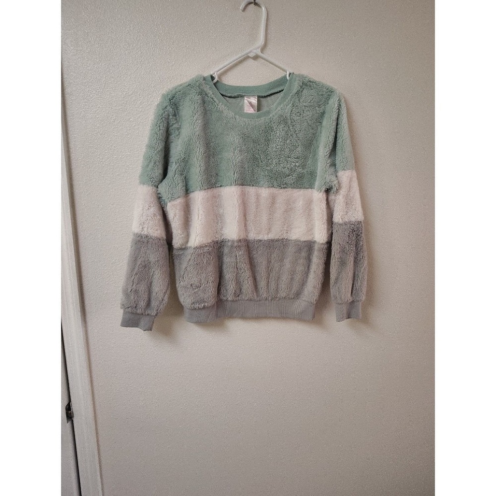 No Boundaries Womens Faux Fur Colorblock Sweatshirt Mint Green Grey Medium